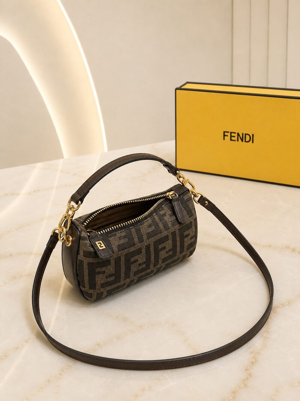 Fendi Mini Roll Carryall in Brown Jacquard with Calfskin Details - Picture 3 of 5